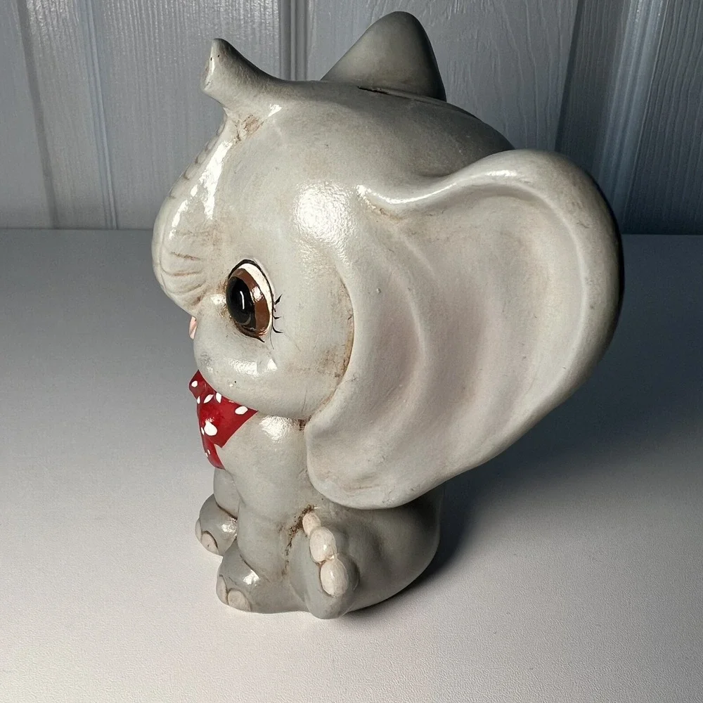 Baby Elephant Piggy‎ Bank Red Polka Dot Bow-Millis-Vintage